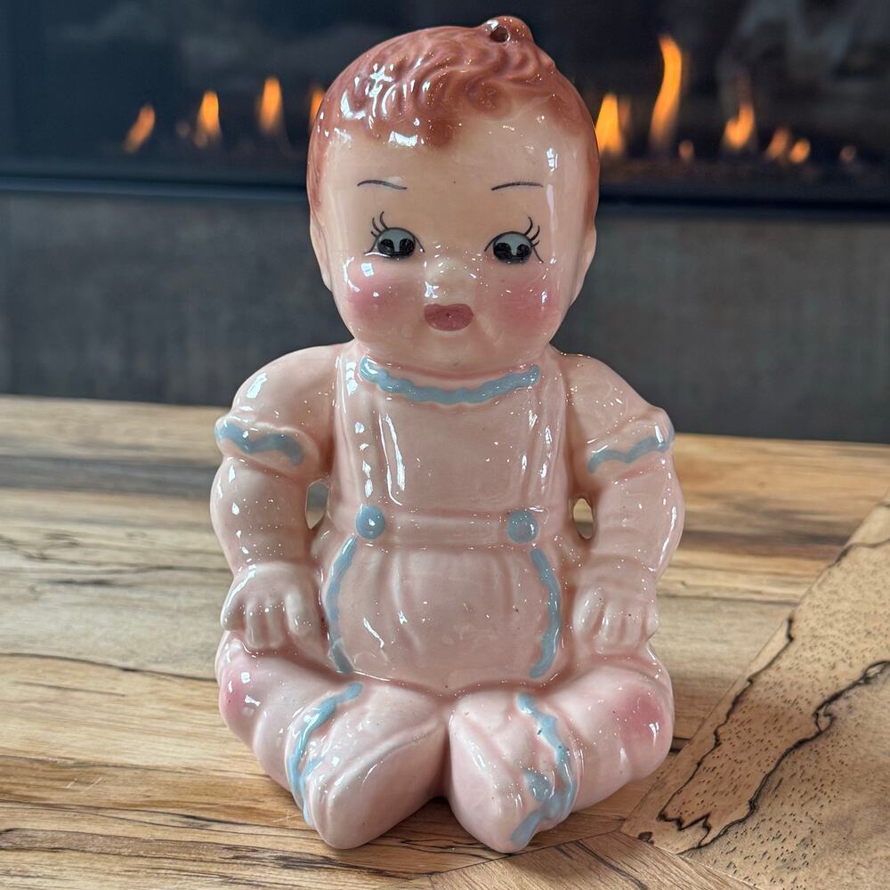 Vintage 1960s Ceramic Baby Planter 7.5” Large Figural Kewpie Doll Nursery Vase